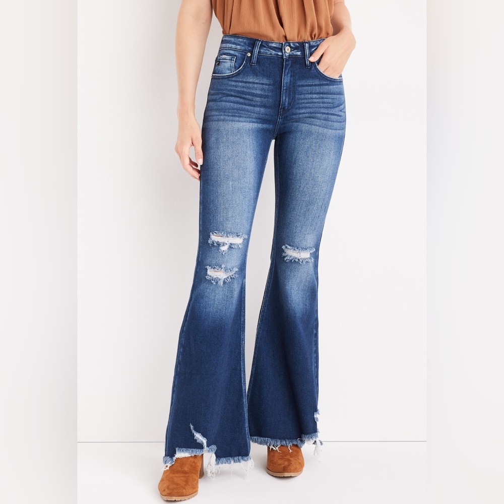 Kancan Women’s Dark Blue Distressed Flare Jeans